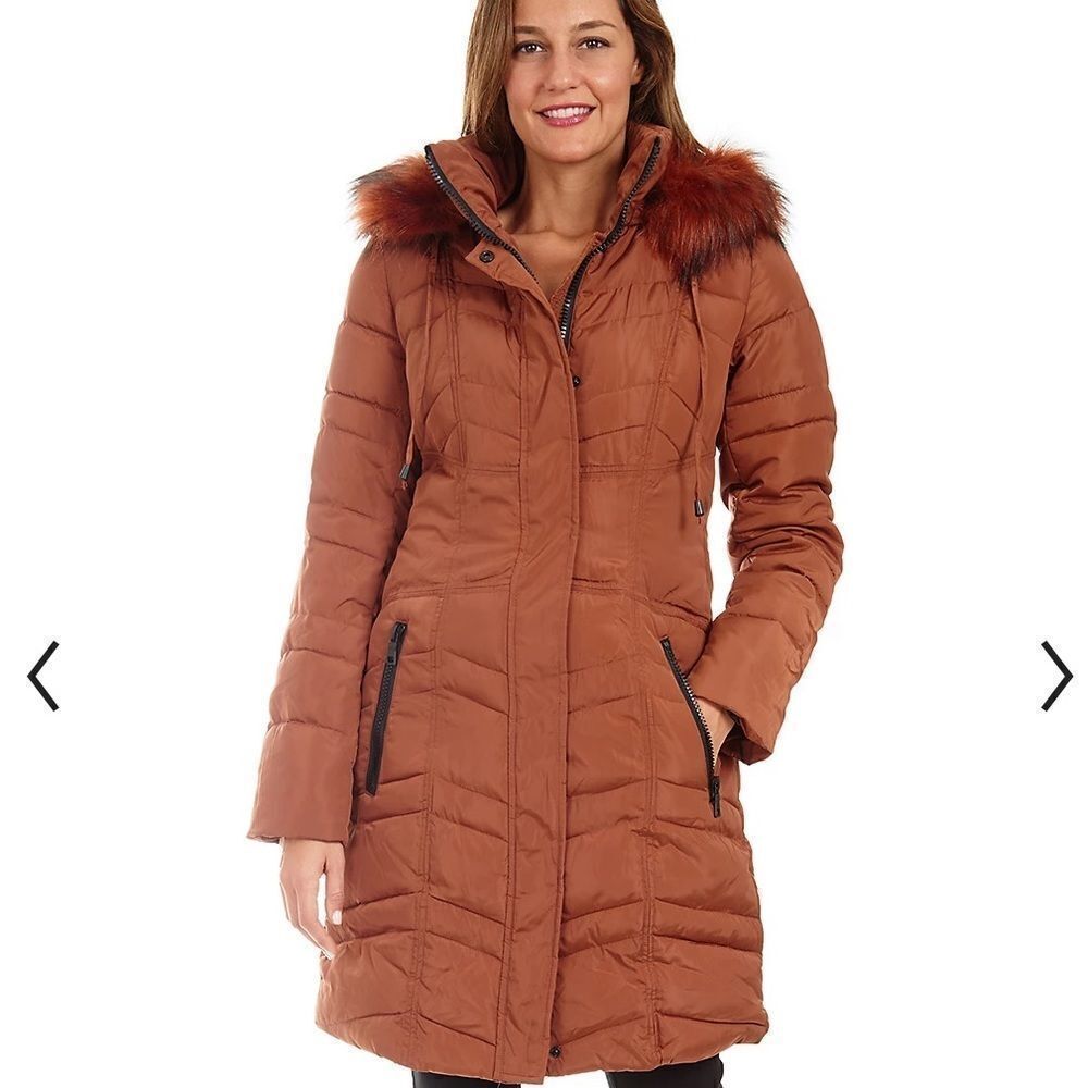 KENSIE - Fleet Street Long Faux Down Quilted Jacket